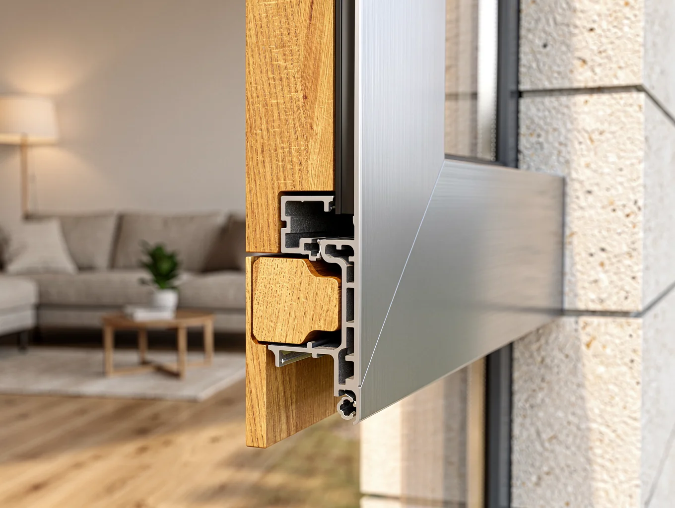 Przekrój stolarki drewniano-aluminiowej z zewnętrzną okładziną